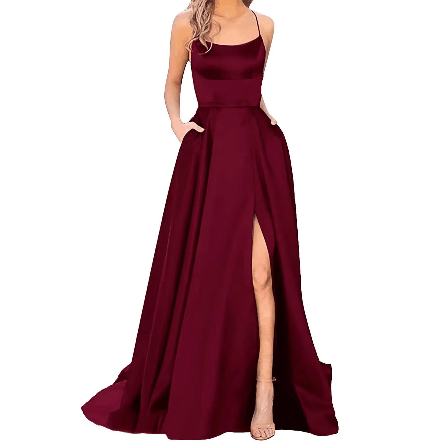 Solid Color Long Slimming Shoulder Hollow Bridesmaid Dress