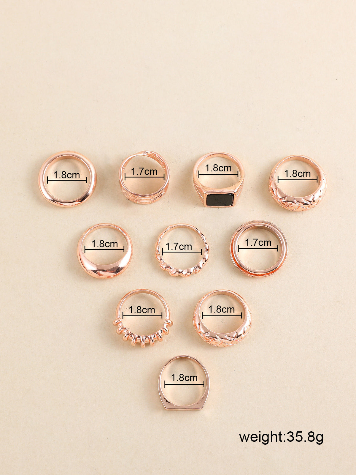 10-Piece Geometric Stackable Rings Set in Gold/Silver/Rose Gold