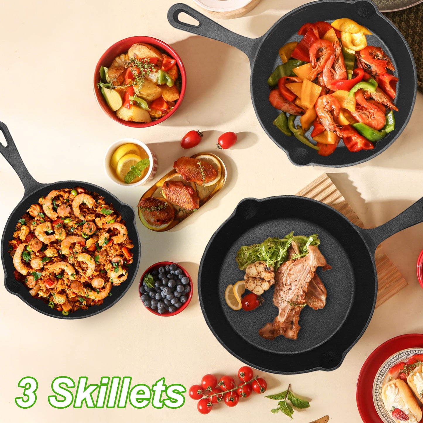 Cast Iron Skillet Set 3Pcs Pre-Seasoned Oven Safe Frying Pans
