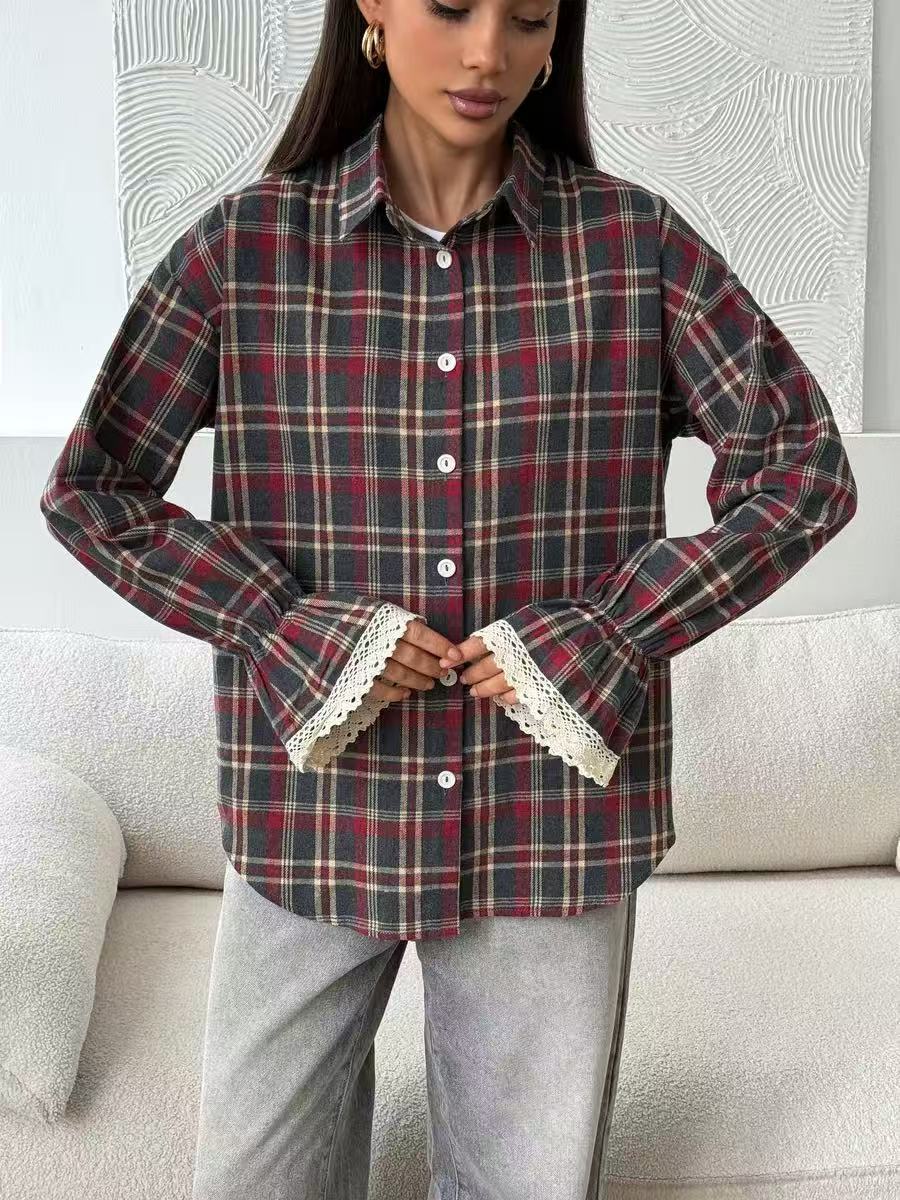 Womens Retro Loose-Fit Plaid Shirt Casual Vintage Style