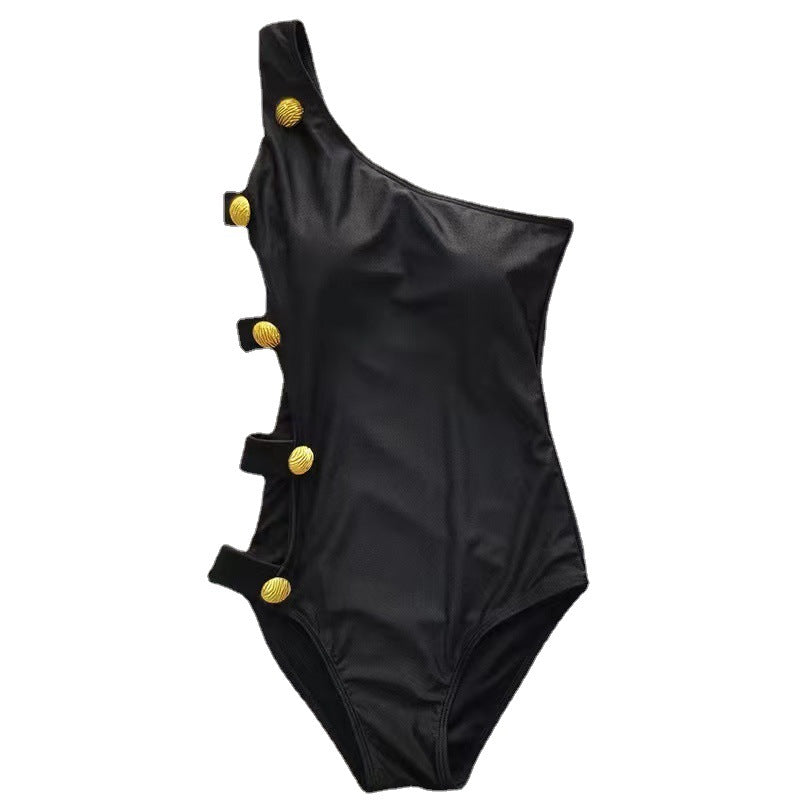 Siamese Slim Tube Top Swimsuit Black Waist Strap for Women