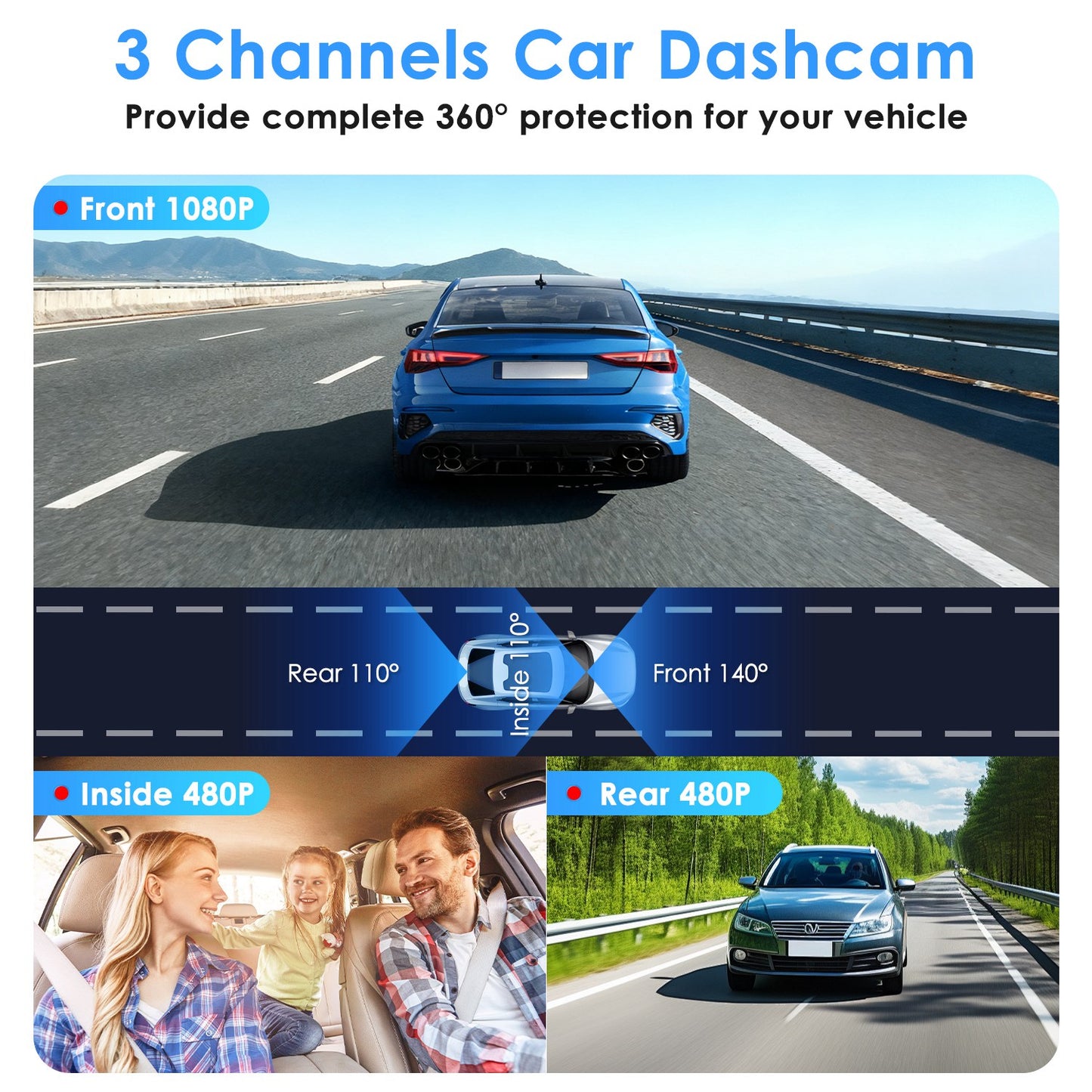 WiFi 1080P 3 Channel Dash Cam with App Control Night Vision