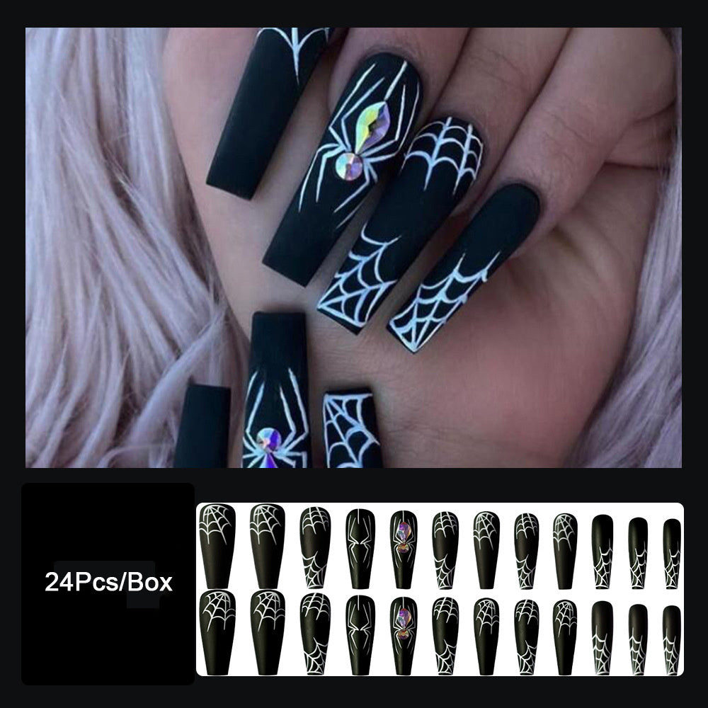 Halloween Press-On Nails with Spider Web and Rhinestone Design