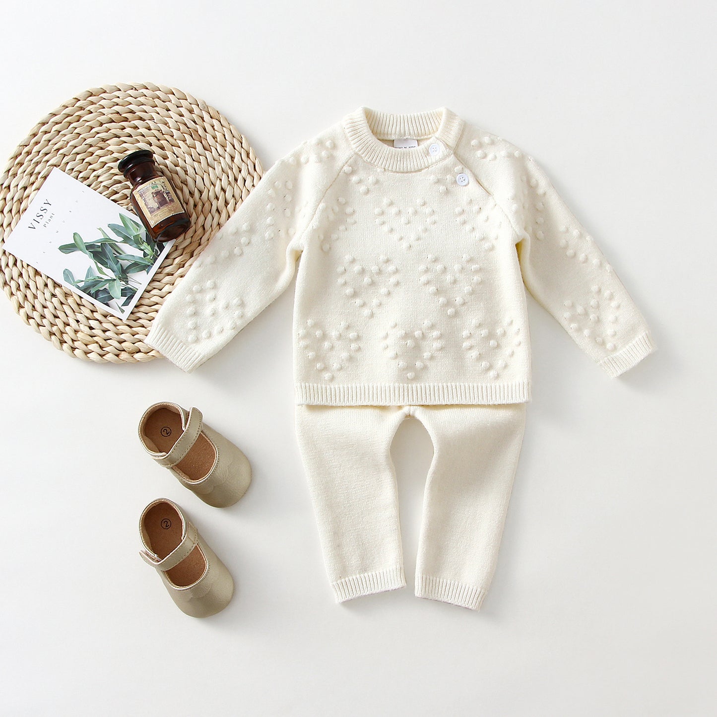 Children’s Knitted Love Solid Color Sweater and Pants Set