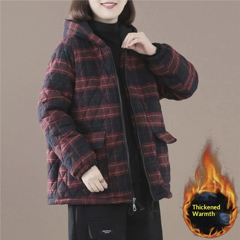 Buy Women’s Short Cotton-Padded Plaid Coat for Fall and Winter