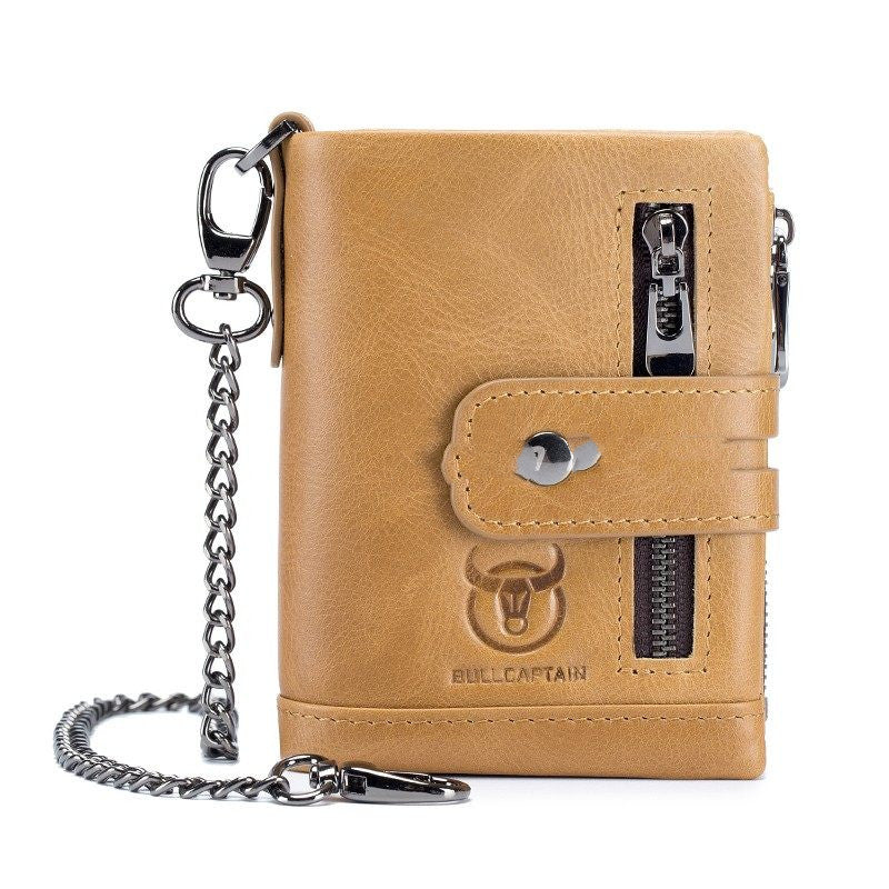 Compact Bifold Leather Wallet – Retro Style with Dual Zippers