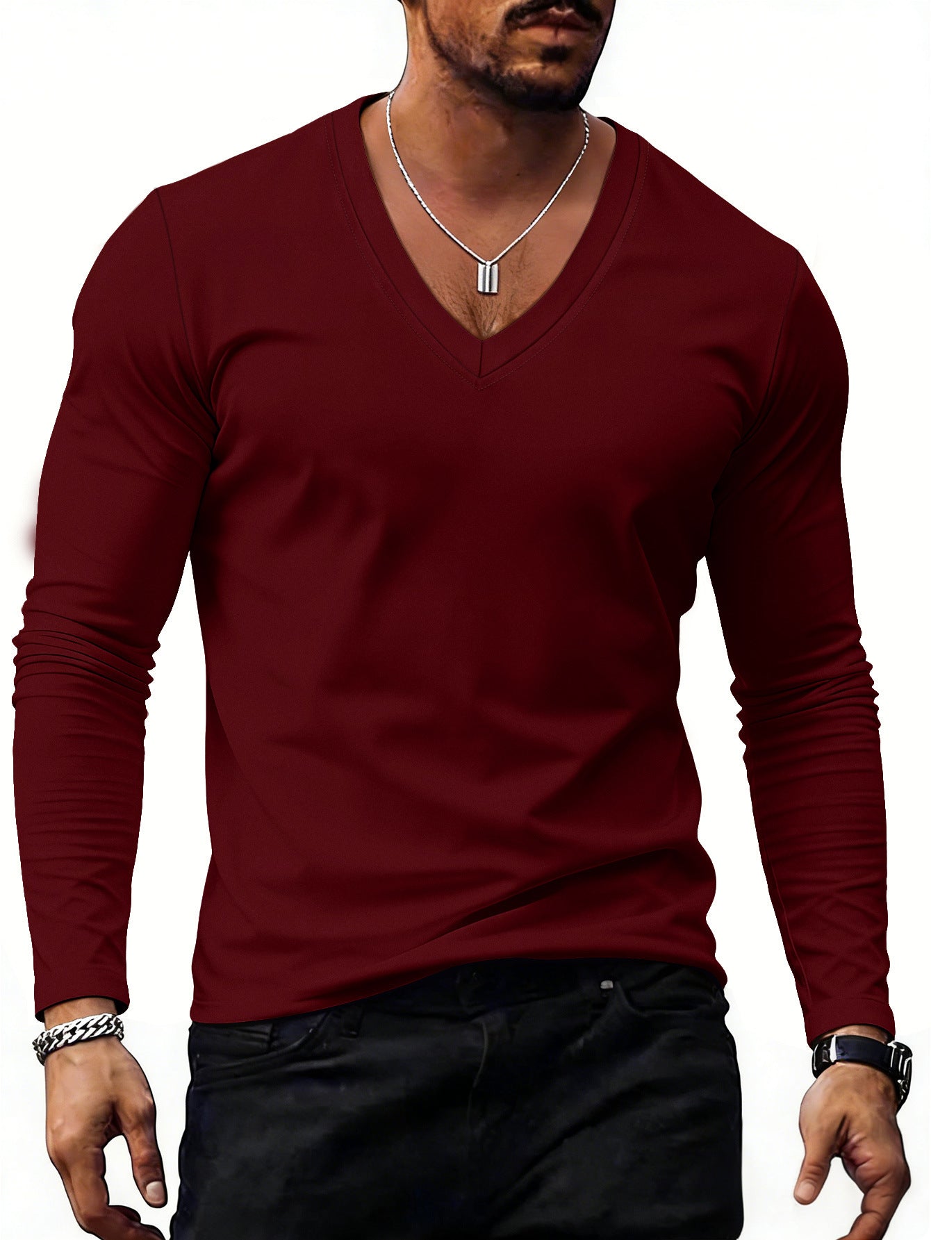 Men’s Solid-Color Plus-Size Casual V-Neck T-Shirt Trendy Style
