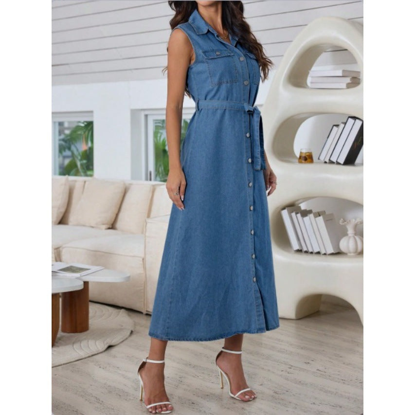 Classic Women's Denim Dress with Belt and Front Button Design