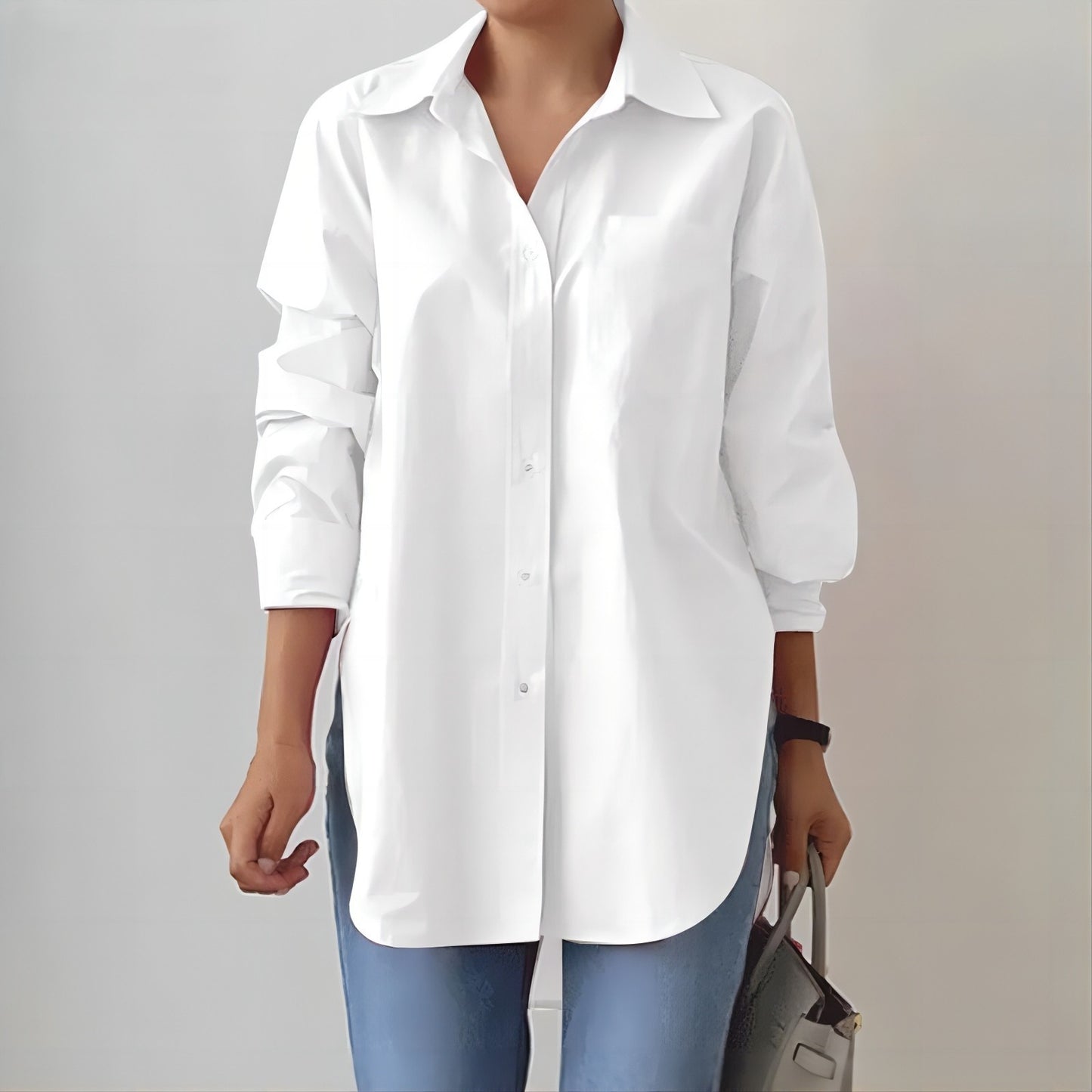 Solid-Color Split-Neck Long-Sleeve Shirt – Classic Style