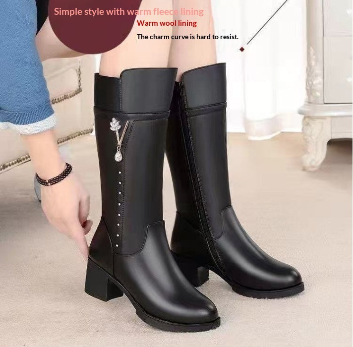 Women’s Fleece-Lined Tall Leather Boots with Wool Lining