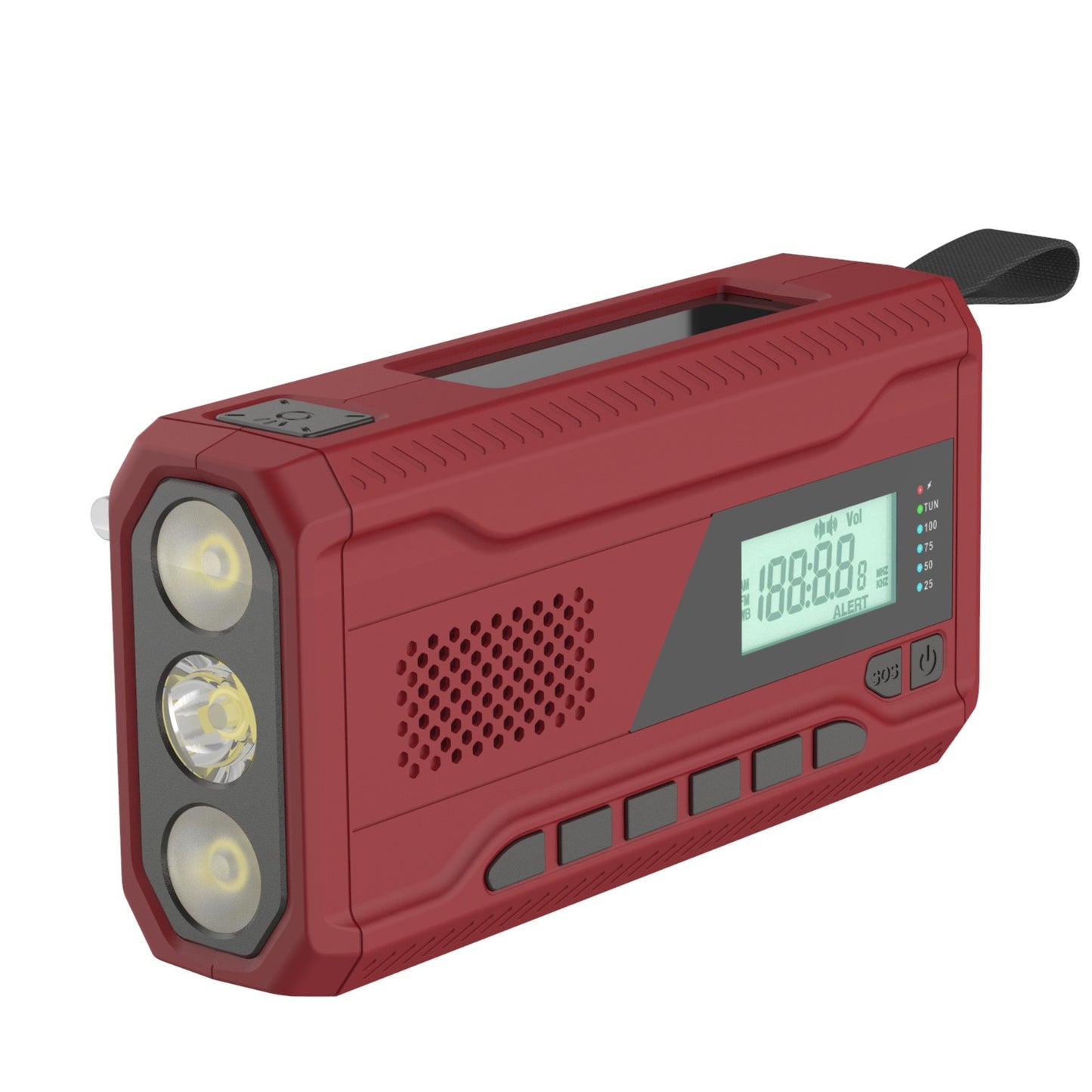 Outdoor Emergency Radio with Solar Hand Crank and Lighting.