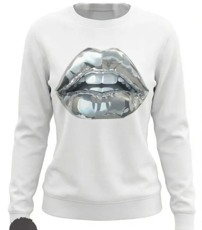 Buy Women’s Cartoon Silver Lip-Printed Sweatshirt for Casual Wear
