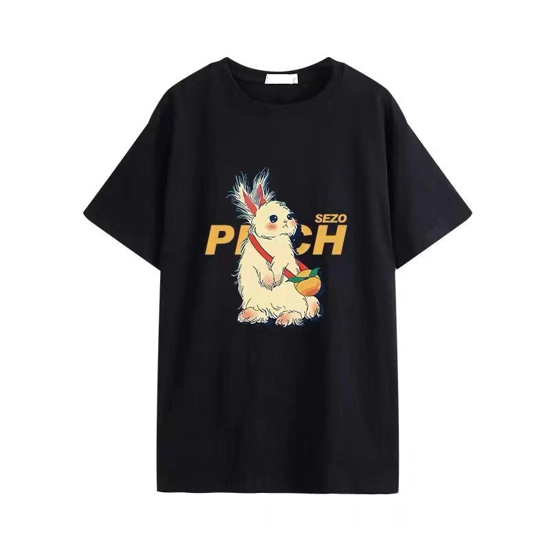 A black short-sleeved T-shirt with a round neck and a unique rabbit-shaped top for women