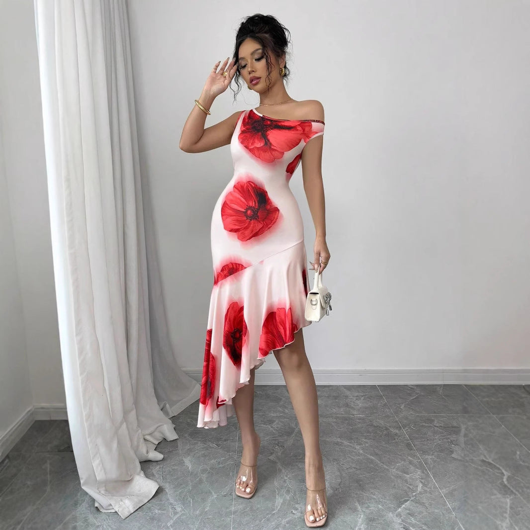 Elegant Figure Flattering Asymmetrical Dress Hibiscus Print