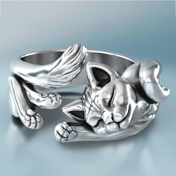 Adjustable Cat Totem Silver Plated Ring