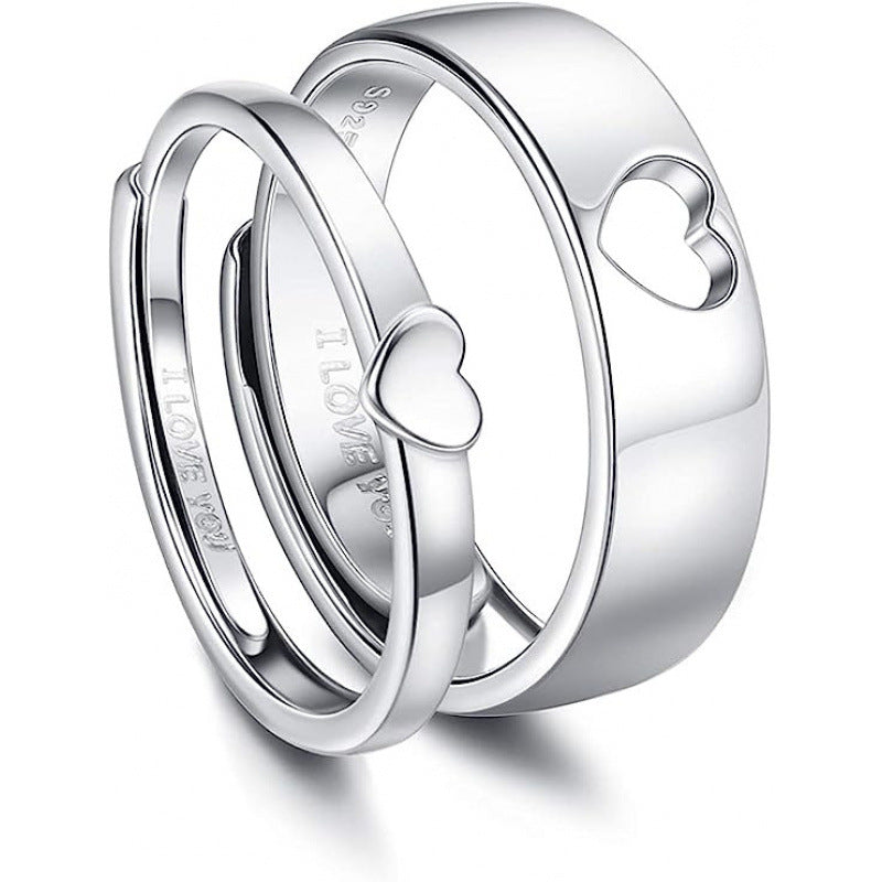 Adjustable Heart Cut Out Couple Ring Silver Plated