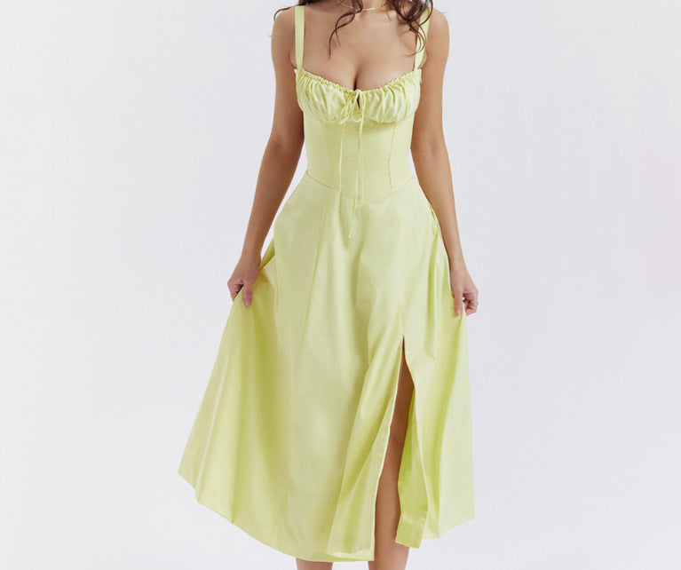 American Hot Low-cut Sexy Digital Printed Chest Back Strap Waist Mid-length Dress