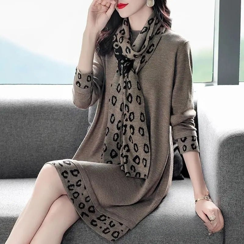 Big size scarf-necked base mid-length dress