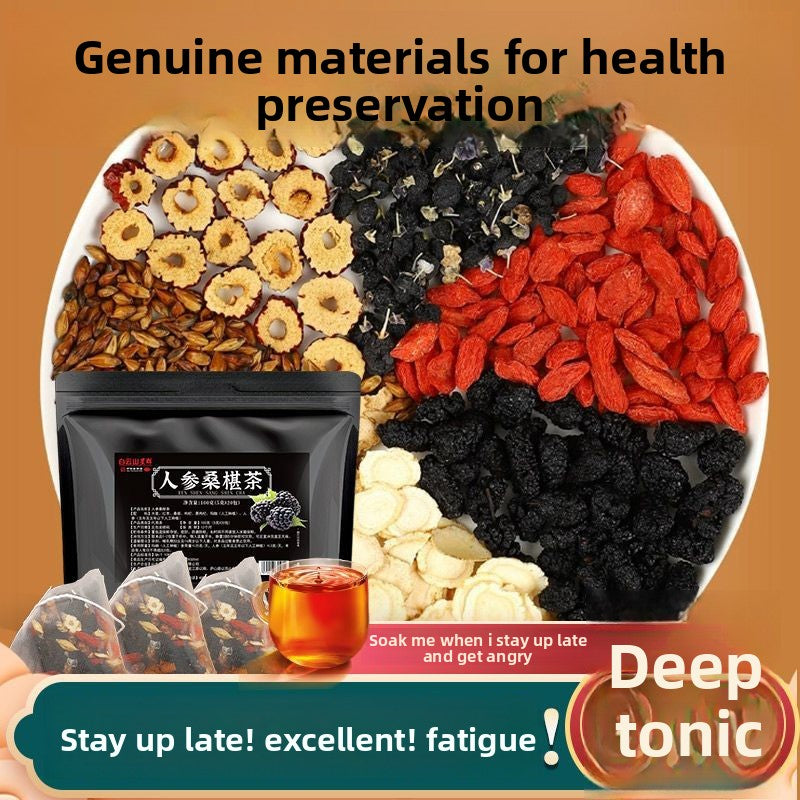 Black goji berries, mulberries, red goji berries, ginseng, red dates, dried tea flower and fruit tea