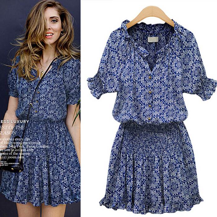 Blue Printed V Neck Short-Sleeved Dress Short Skirt