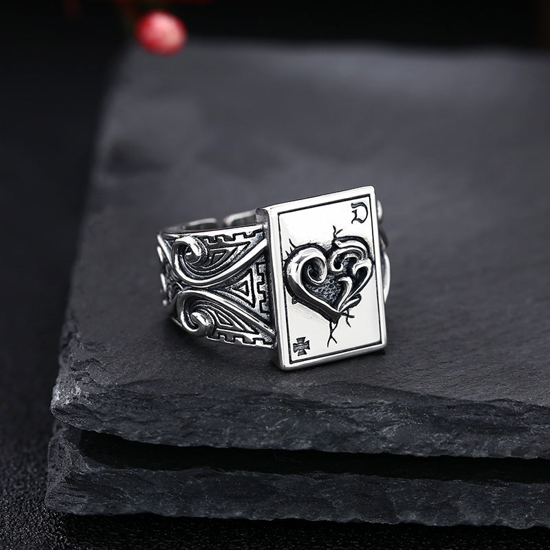 925 Sterling Silver Poker Card Ring – Open-End Adjustable