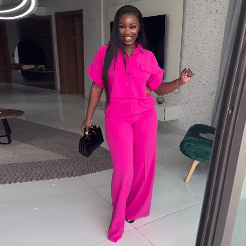 Casual Lapel Shirt and Wide-Leg Pants Suit