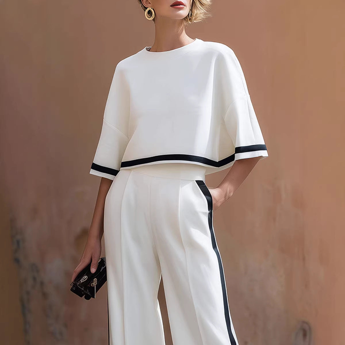 Casual Short Sleeve Pullover and Wide Leg Pants Set