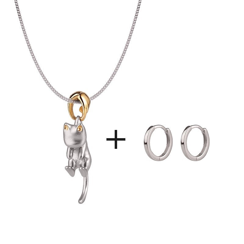 Cat Pendant Necklace Earrings Set