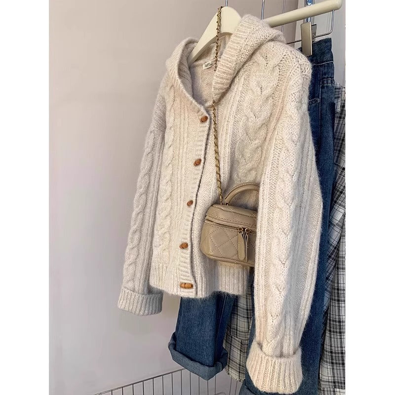 Cow horn buttoned hooded cardigan sweater