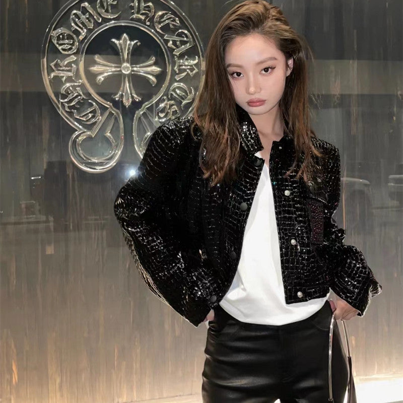 Crocodile pattern genuine leather coat
