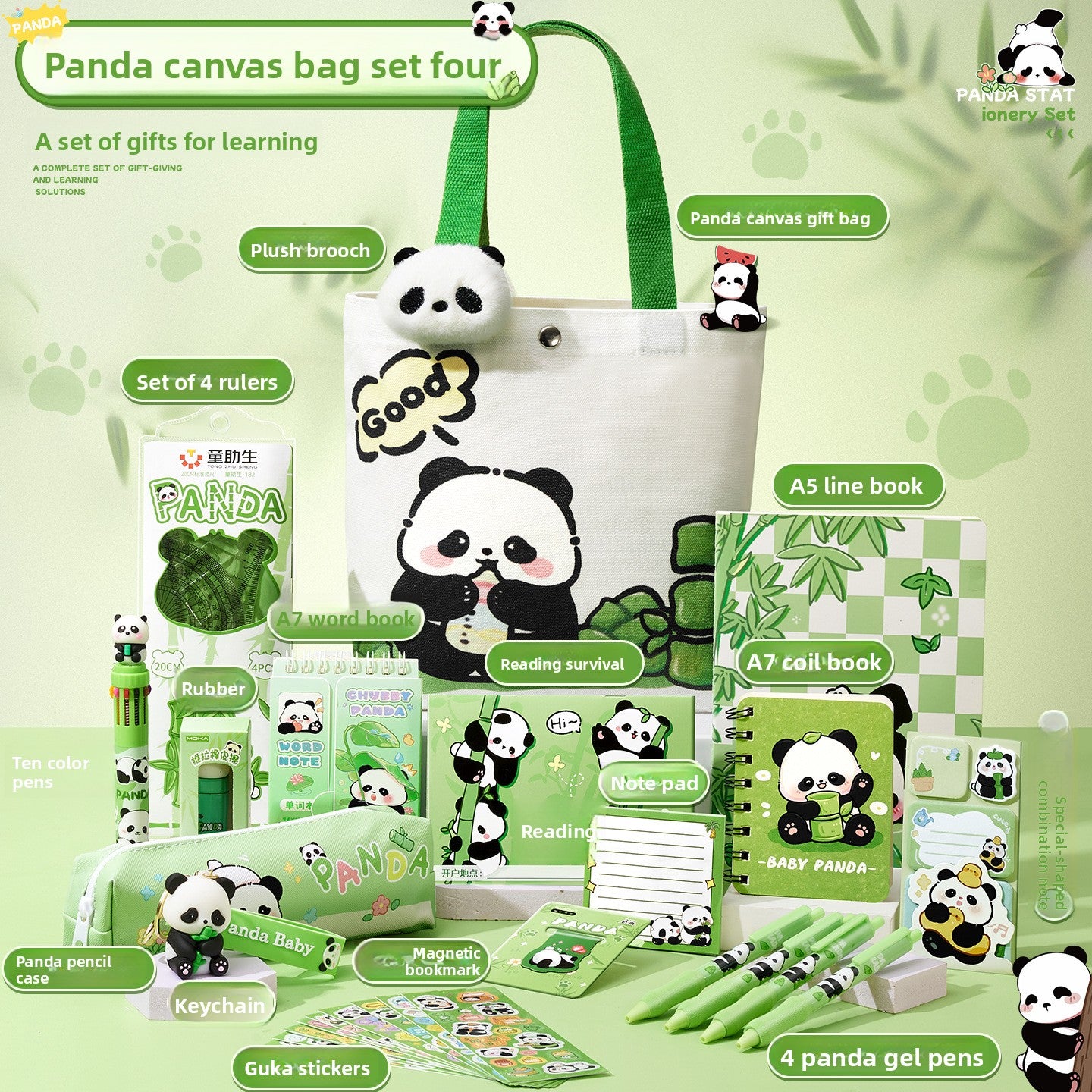 Cute panda canvas bag stationery set