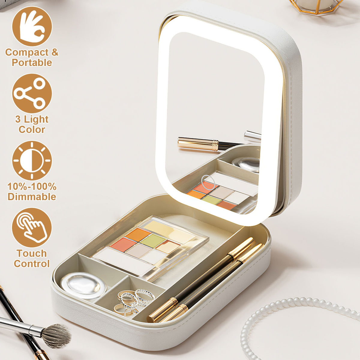 Portable Travel Makeup Bag with LED Mirror, 3 Color Light