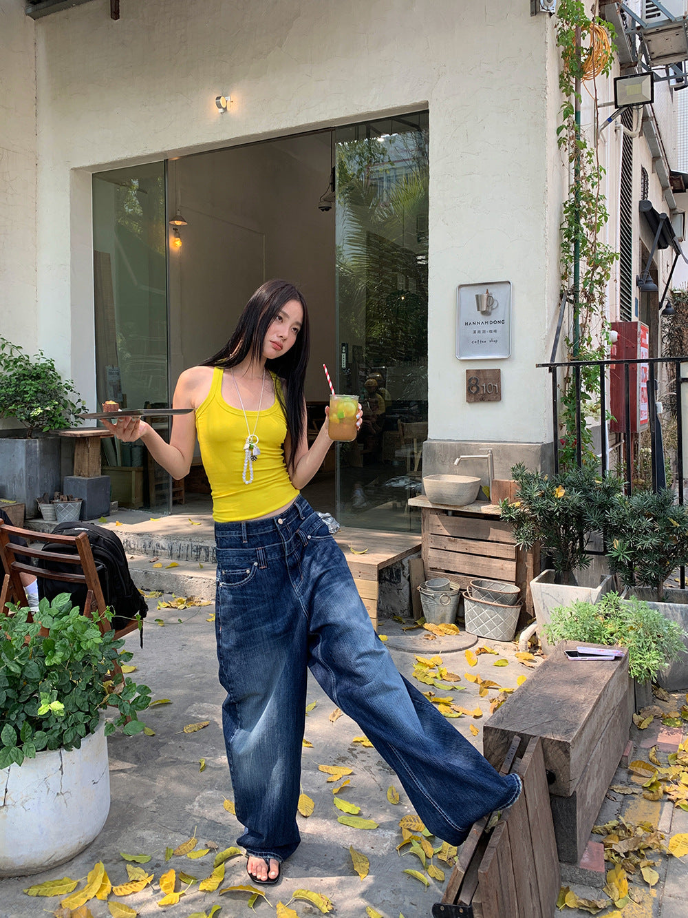 Deconstructed Double Waist Wide Leg Jeans