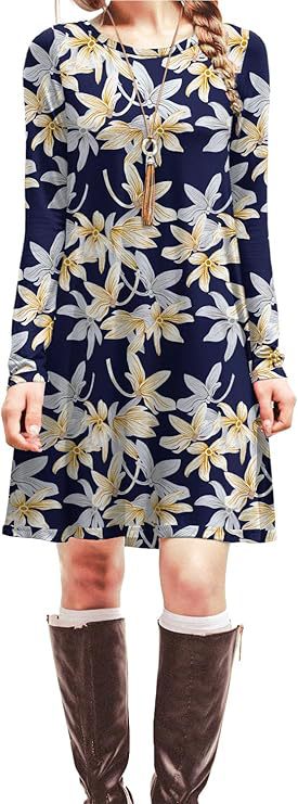 Digital Print Round Neck Long Sleeve Dress