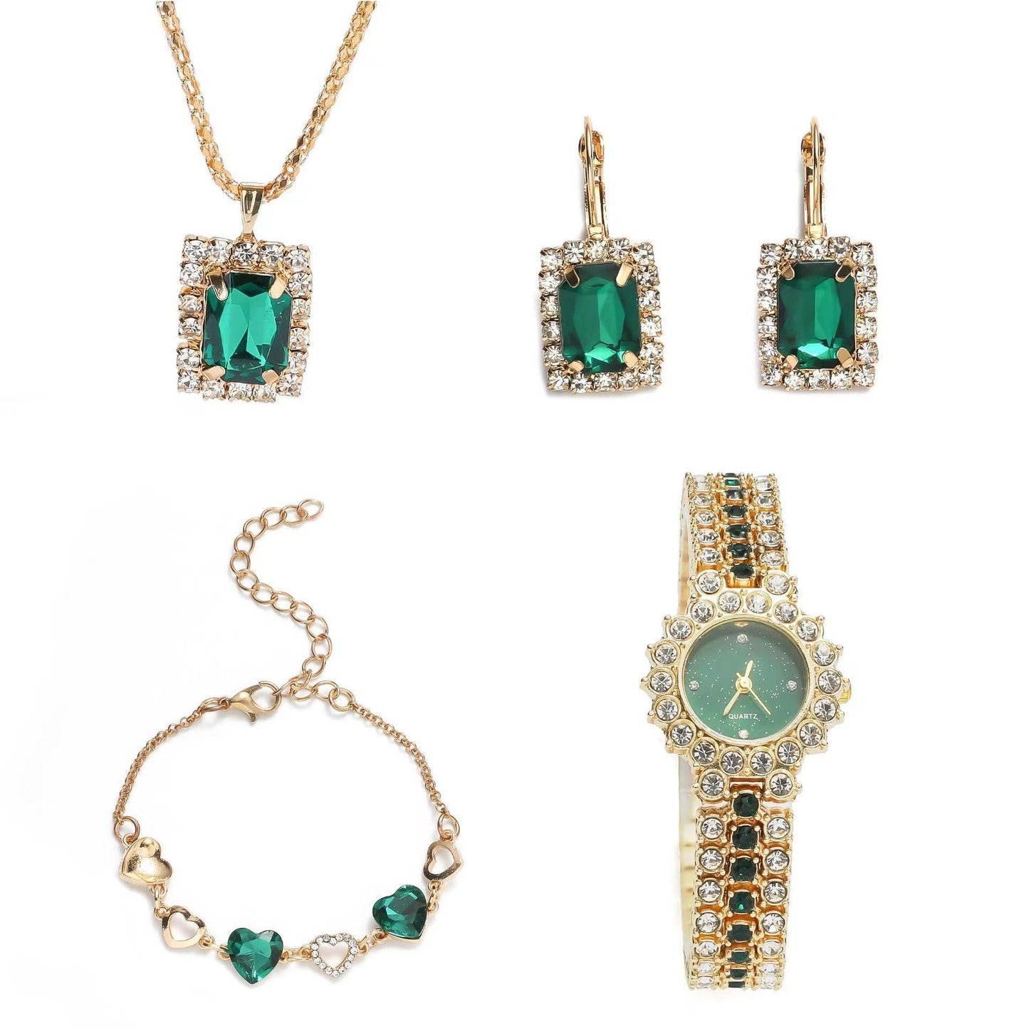 Popular Small Green Women’s Watch Quartz Steel Belt Ring Set