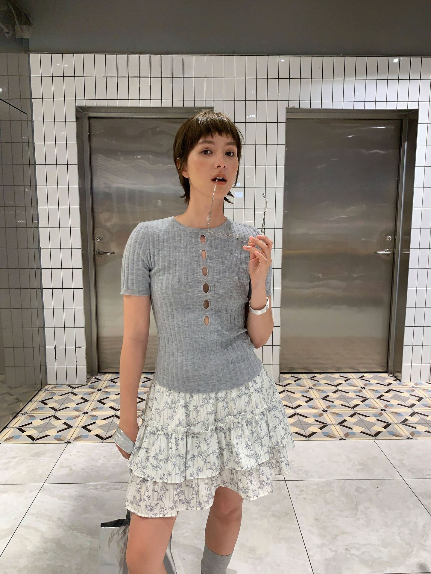 Early autumn hot girl, fitted sweater girl