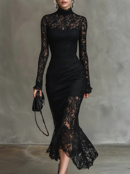 Elegant Black Stretch Lace Mermaid Dress
