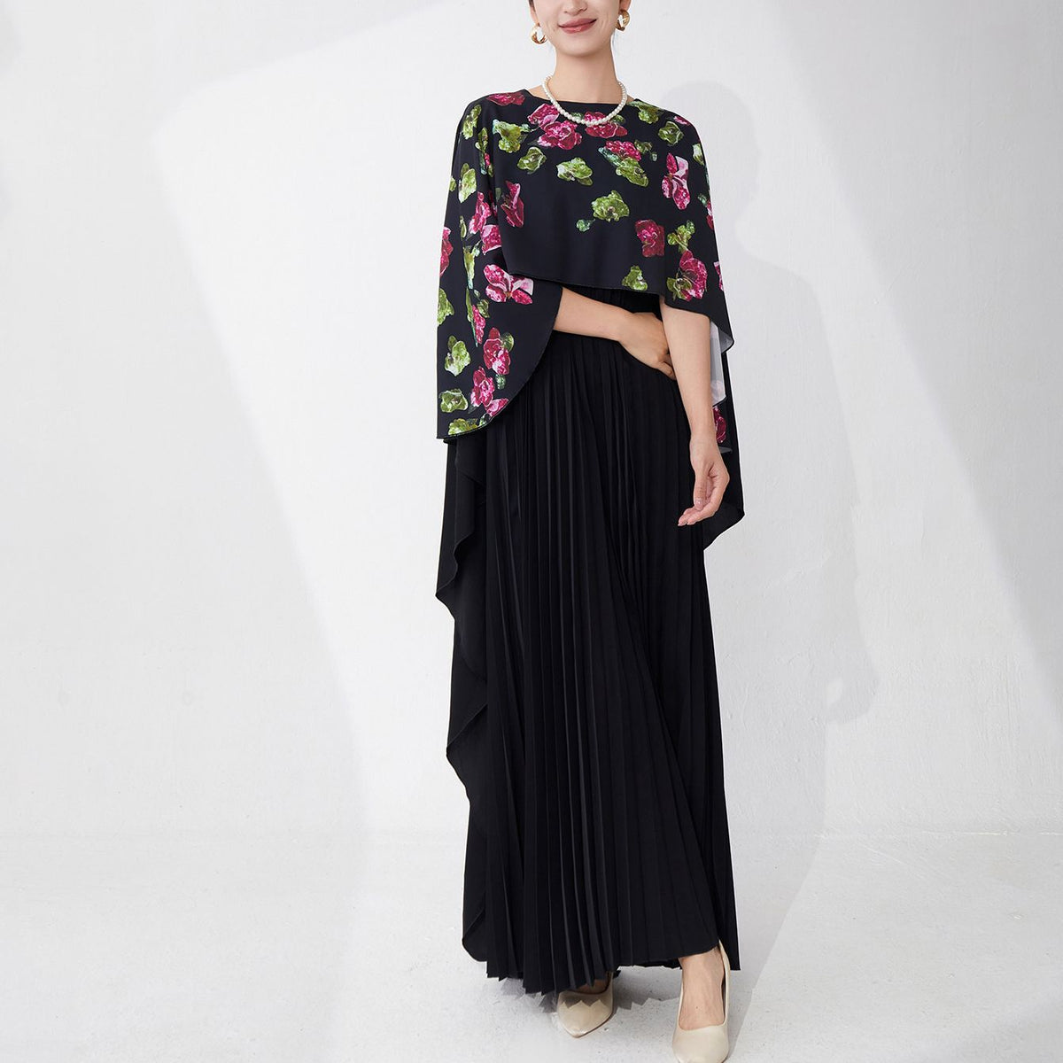 Elegant Floral Print Pleated Long Dress
