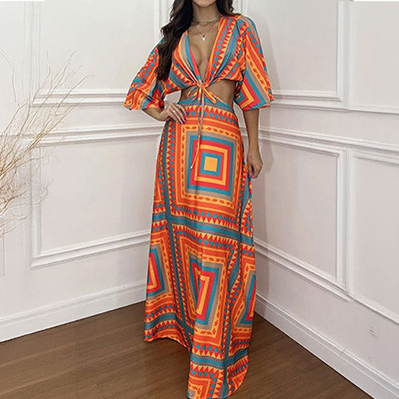 Elegant Tie Waist Printed Long Dress
