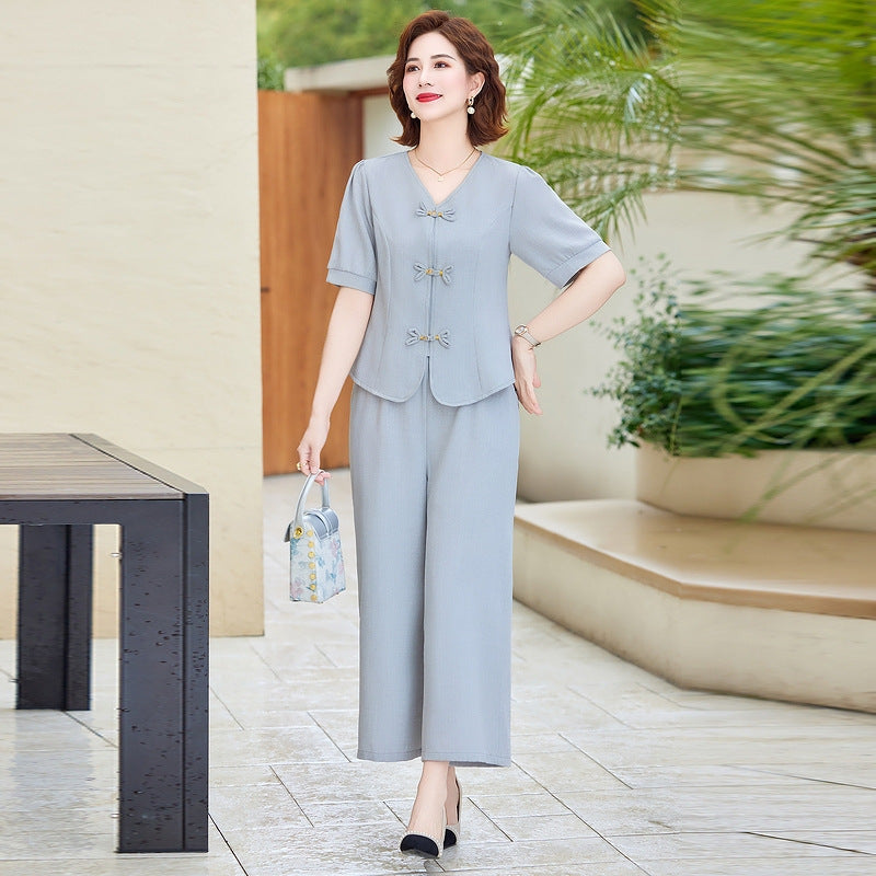 Elegant Womens Wide-Leg Pants Suit with V-Neck Shirt