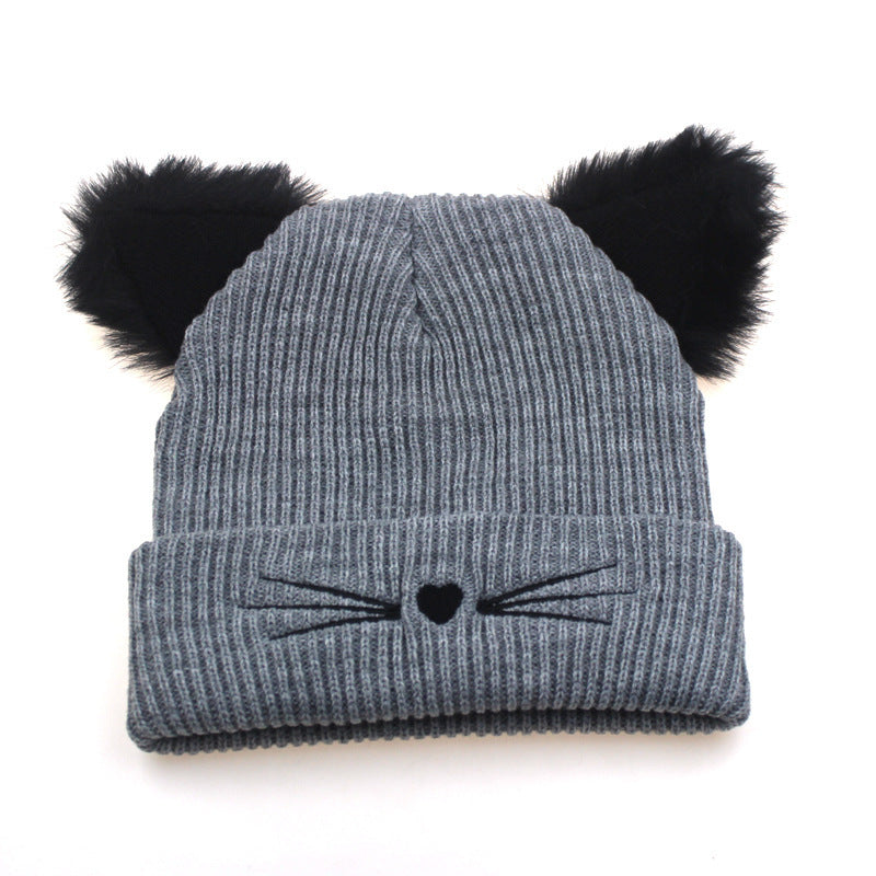 Embroidered Cat Ear Knitted Winter Hats