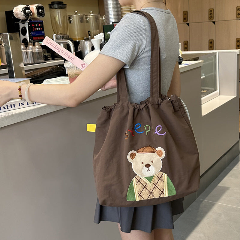 Embroidered Drawstring Tote Shoulder Bag