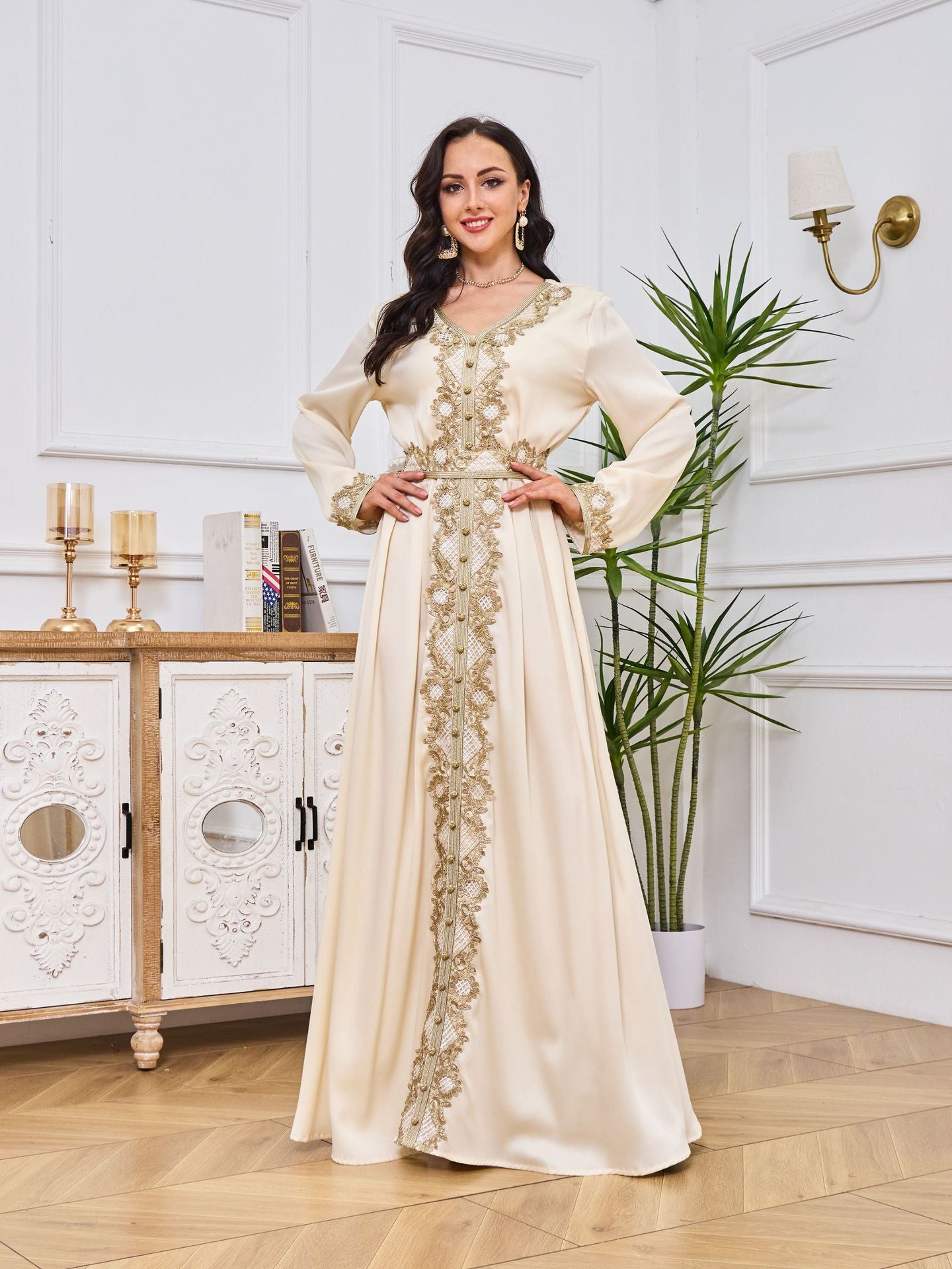 Embroidered Long Sleeve Abaya Dress with Ruffled Hem