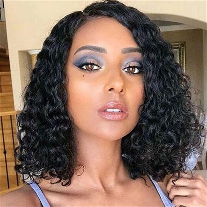 European and American style short curly black center-parted synthetic fiber wig