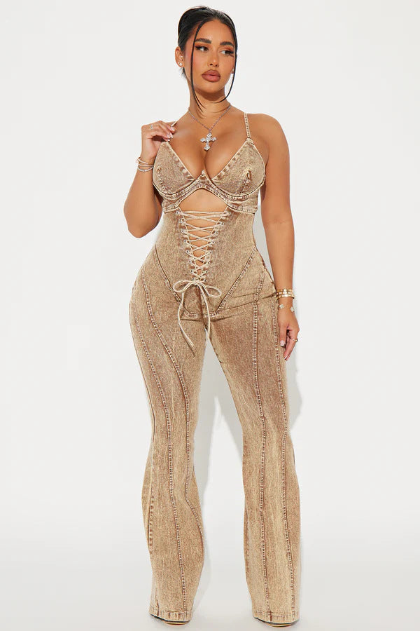 Fashion Hollow Strap Waist Denim Jumpsuit