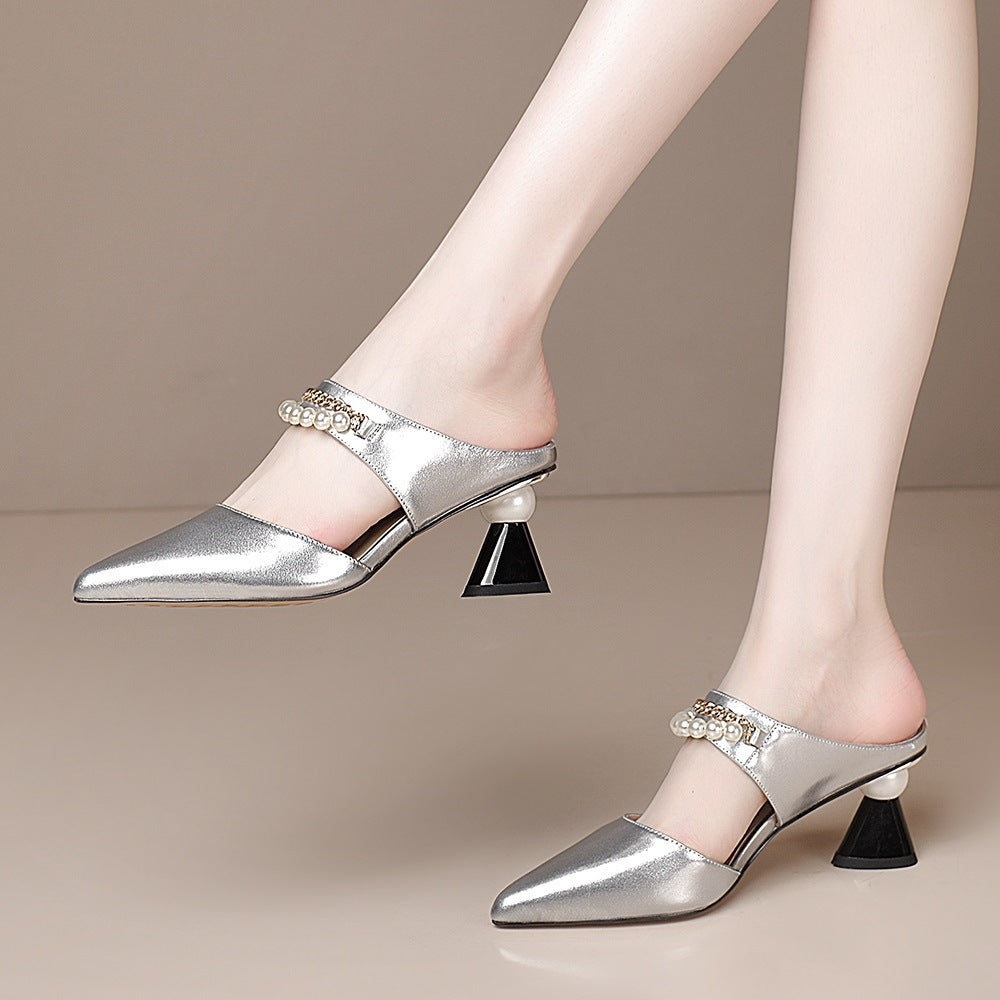 Fashion Pearl Chain Chunky Heel Sandals