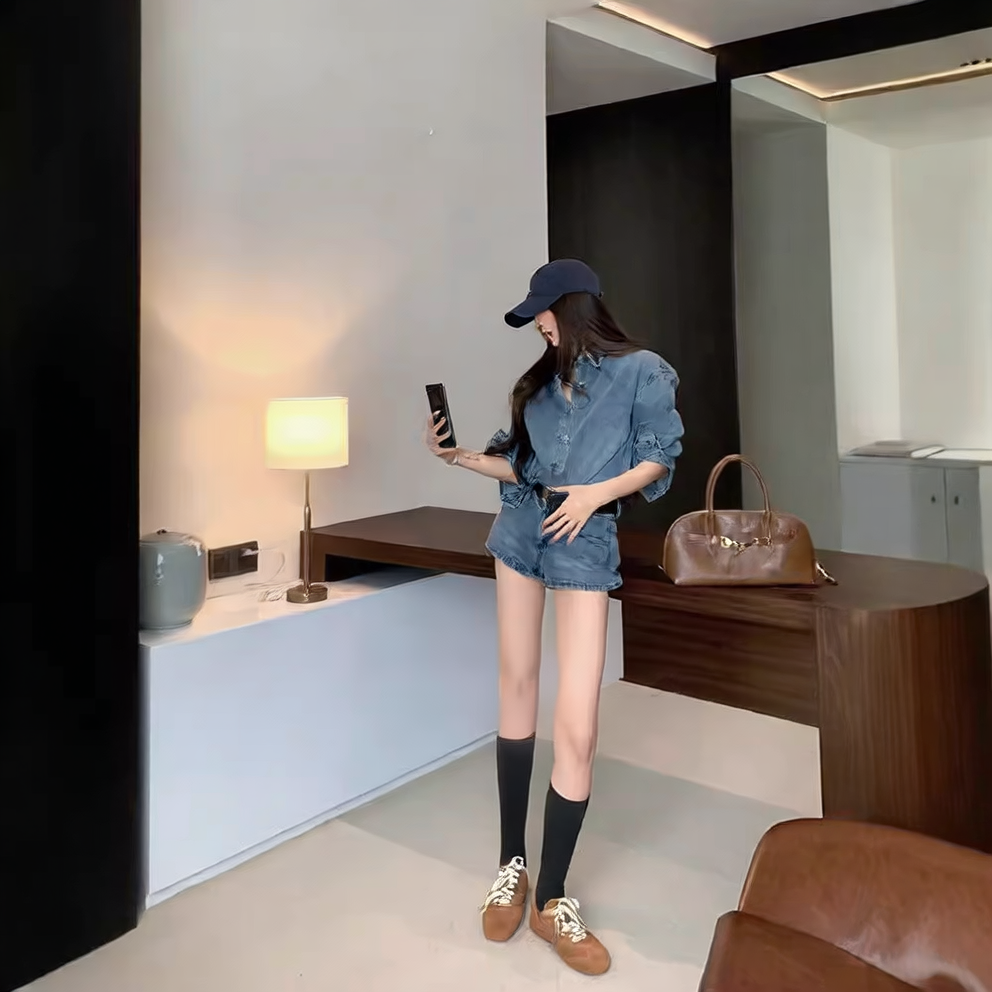 Fashion Retro Denim Shirt and Shorts Set