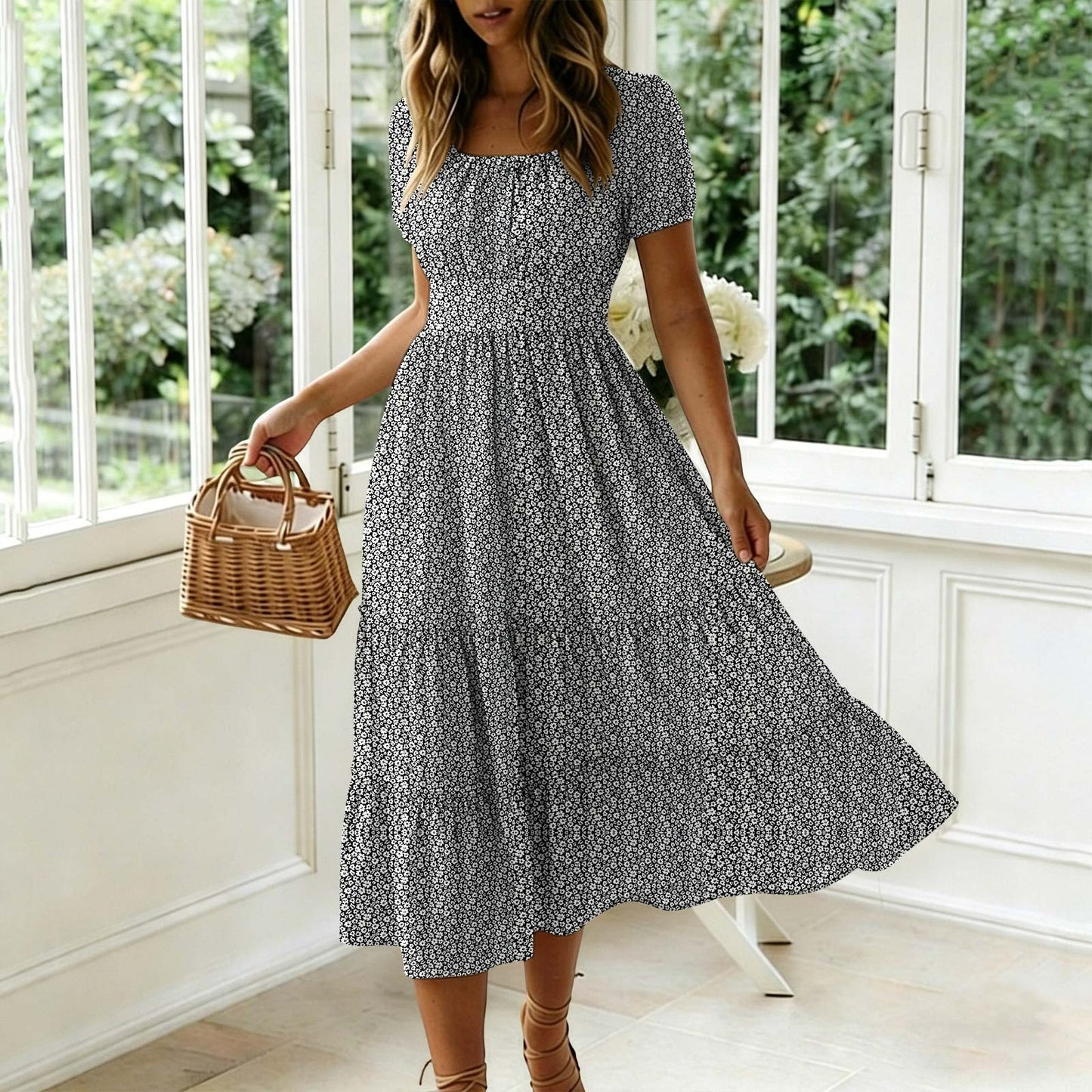 Floral Print Square Neck Puff Sleeve Dress