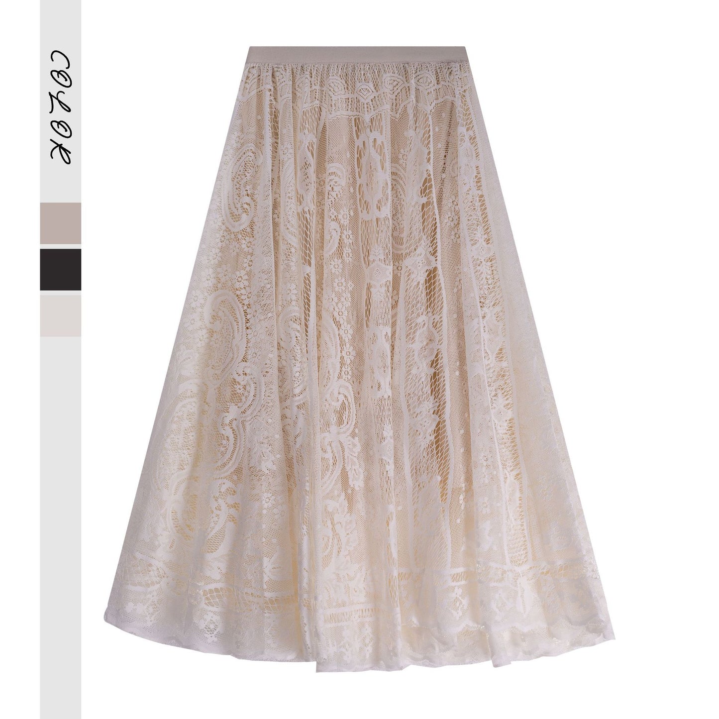 French Lace Midi Skirt with Mesh Detail