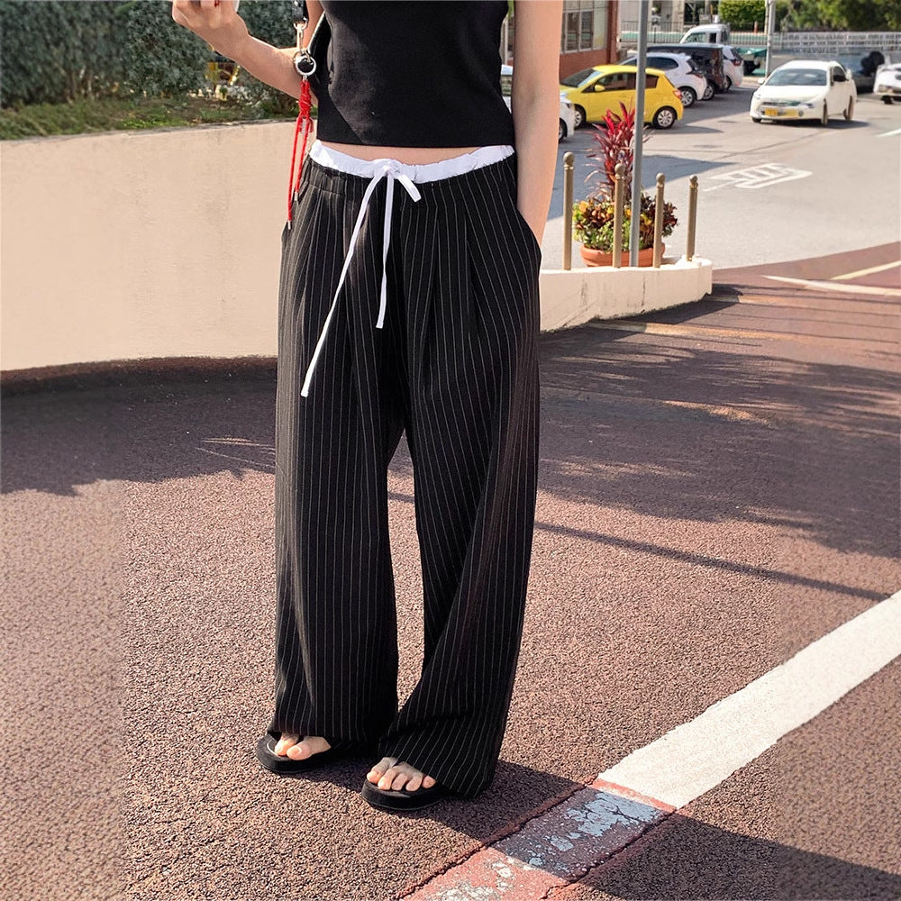 French Splicing High Waist Tie Drape Casual Pants
